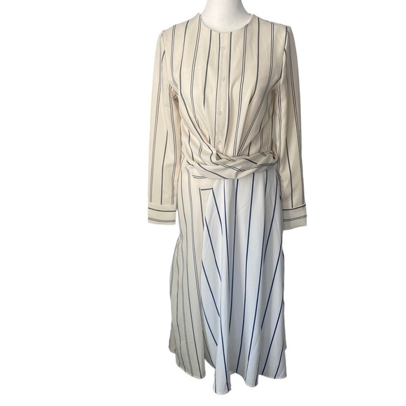 Two Tone White Cream Striped Long Sleeve Midi Dress - Picture 1 of 15